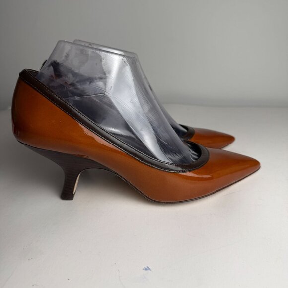 Tory Burch Angle Pointed Toe Pumps Patent Leather Tan Chocolate Size 8M Preppy - Picture 4 of 13